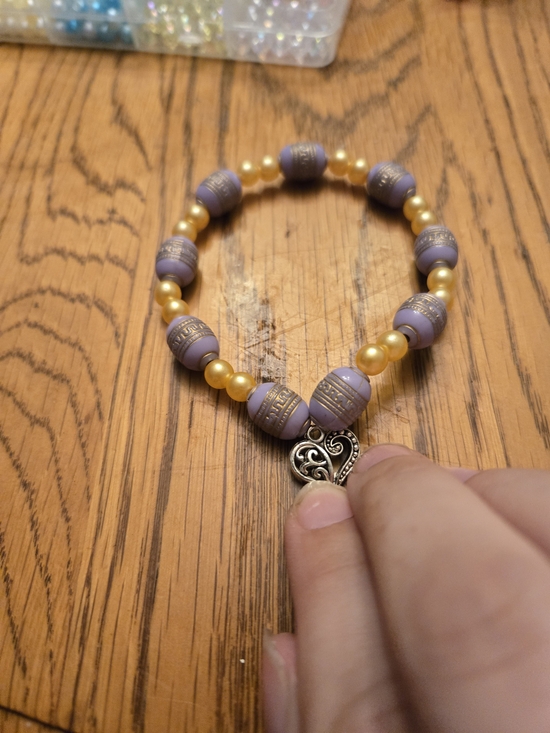 Jewelry - Purple and Gold Beaded Heart Charm Bracelet